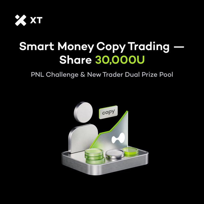 XT exchange promotionsl graphic for "Smart Money Copy Trading — Share 30,000U" featuring a PNL Challenge & New Trader Dual Prize Pool, with a 3D illustration of a trader figure, a "copy" button, and green and silver coins on a metallic platform that visually represents the copy trading prize event described in the post.