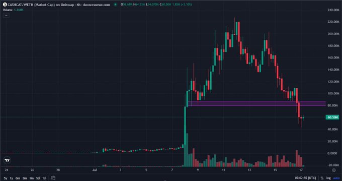 A TradingView candlestick chart for CASHCAT/WETH showing a market cap peaking around 200M before crashing down to approximately 60.5K, with a purple support zone marked between 80-100M.