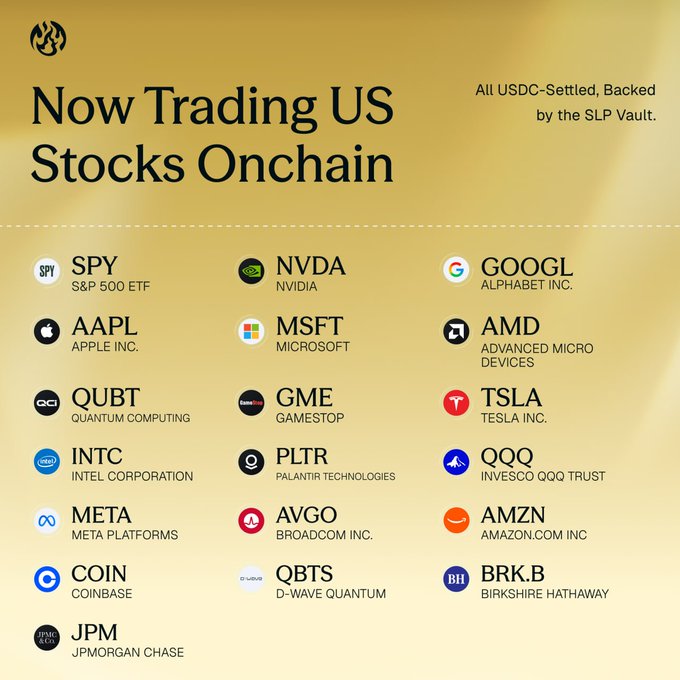 A promotional graphic titled 'Now Trading US Stocks Onchain' listing tickers including SPY, NVDA, GOOGL, AAPL, MSFT, AMD, QUBT, GME, TSLA, INTC, PLTR, QQQ, META, AVGO, AMZN, COIN, QBTS, BRK.B, and JPM, with note that all are USDC-Settled, Backed by the SLP Vault.