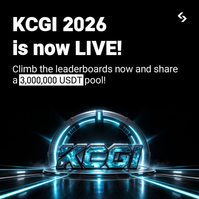 Promotional graphic announcing "KCGI 2026 is now LIVE!" with a glowing blue KCGI logo, inviting traders to compete for a 3,000,000 USDT reward pool across leaderboards from Sep 8–22 (UTC).