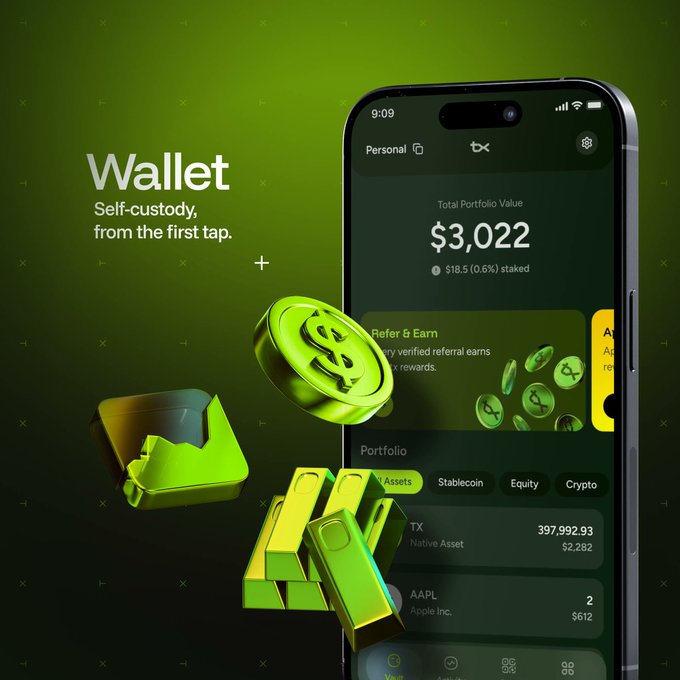 A smartphone displays the TX Wallet app showing a total portfolio value of $3,022 with $18.5 (0.6%) staked, alongside a portfolio listing 397,992.93 TX tokens, next to the tagline "Wallet. Self-custody, from the first tap." The promotional image encourages viewers to join the TX Super App via referral to receive 500 free $TX tokens, highlighting the wallet's self-custody features.