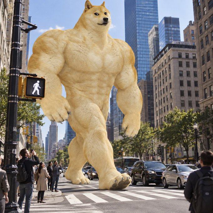 A surreal digital artwork depicting a giant muscular humanoid Shiba Inu (Doge) towering over a city street, dwarfing cars, buildings, and pedestrians in what appears to be New York City.