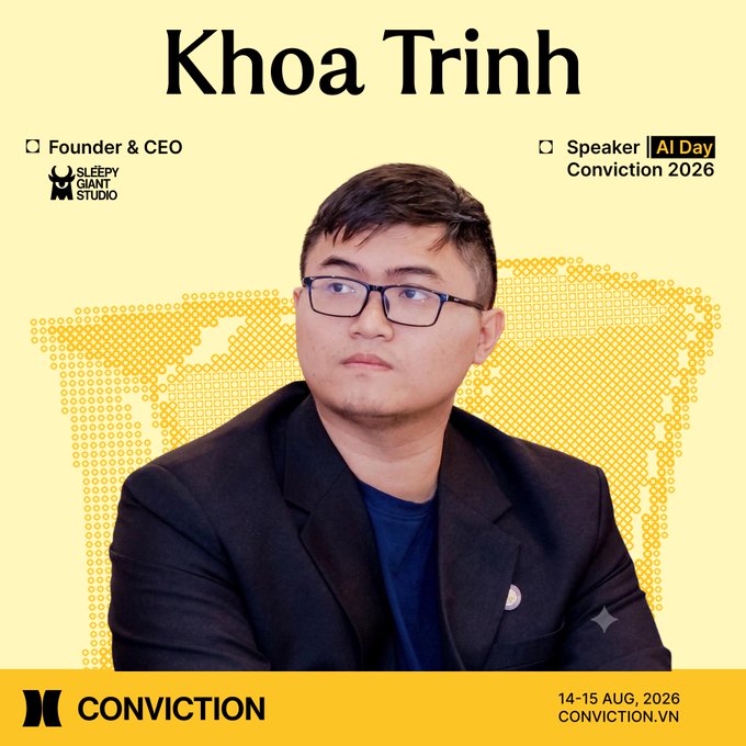 A promotional speaker card for Khoa Trinh, Founder & CEO of Sleepy Giant Studio, announcing him as a speaker for Conviction 2026 on August 14-15.