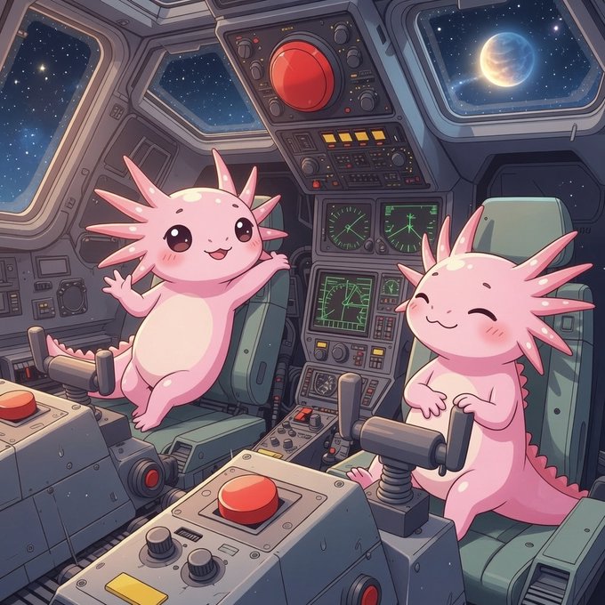 A cute, cartoonish illustration of two pink axolotls sitting in the cockpit of a spaceship, with one waving and the other smiling while operating the controls, with a starry space view in the windows.