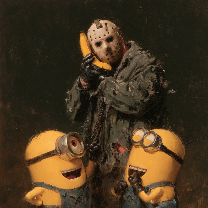 An artistic painting depicting a horror-style figure wearing a hockey mask and holding a banana phone, with two Minion characters below wearing goggles and denim overalls.