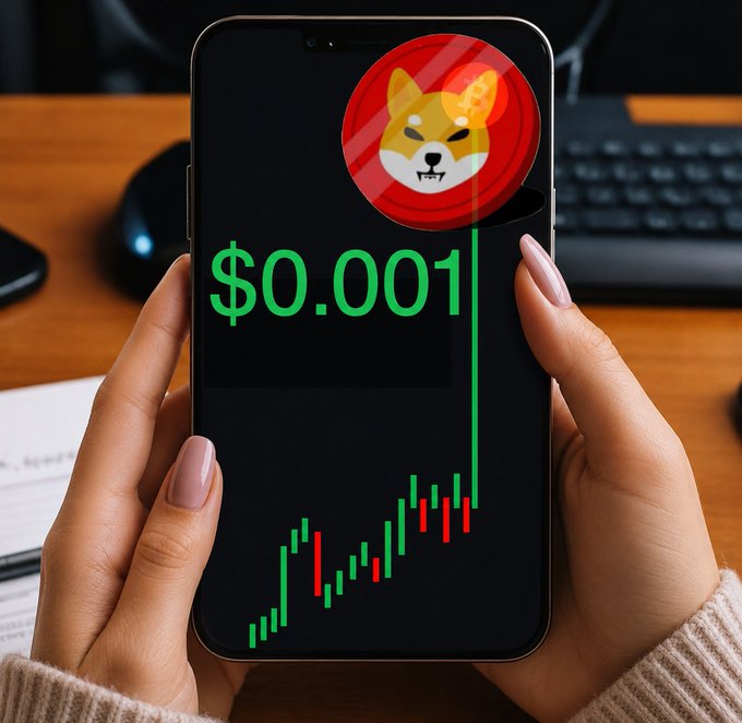 The image features a person holding up their smartphone displaying a stock chart with $0.01 displayed below the image of a dog's face. In the background, there are keyboards visible. The content of the post seems to be about the Bitcoin price, which is currently at $0.01. The person might be discussing or showing someone else how low this price is, making reference to the meme coin that was previously considered impossible to achieve in mainstream markets. The stock chart serves as visual representation and context for this conversation around cryptocurrency prices.