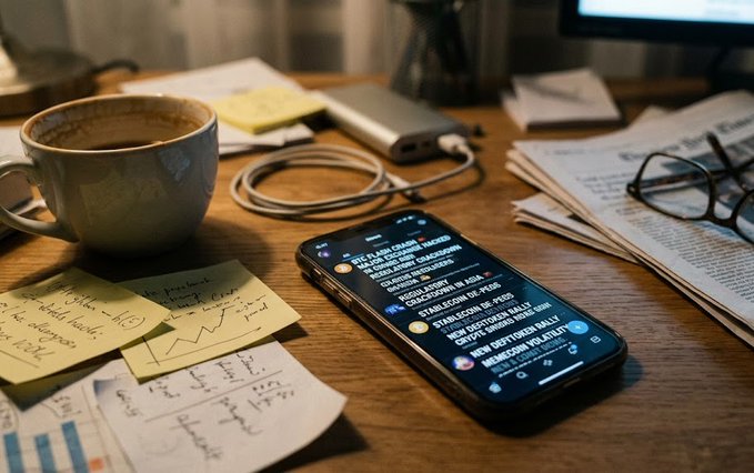 A wooden desk with a coffee mug, glasses, scattered papers with charts and notes, a portable charger, and a smartphone displaying a social media feed with crypto-related posts including 'STABLECOIN' and 'BTC FLASH CRASH TRACED'.