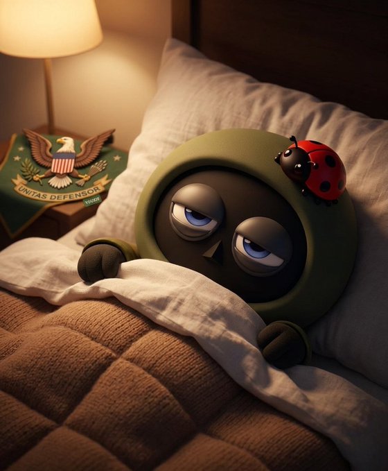 A 3D-rendered character resembling a green emoji with sleepy eyes lying in bed under a brown blanket, with a small red ladybug on its head and a U.S. military patch visible on a nearby nightstand.