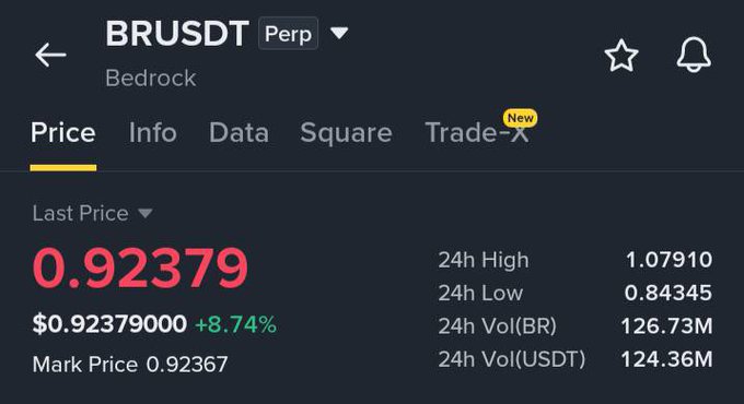 A cryptocurrency price screen for BRUSDT Perp showing a last price of $0.92379 (+8.74%) with 24h high of 1.07910 and low of 0.84345.