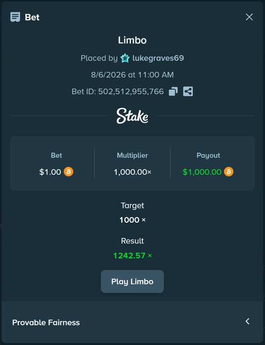 A Stake.com Limbo bet slip shows user "lukegraves69" wagering $1 at a 1,000.00× target multiplier, which hit at 1,242.57×, resulting in a $1,000.00 payout, supporting the post's claim of turning $1 into $1,000 in a single bet.