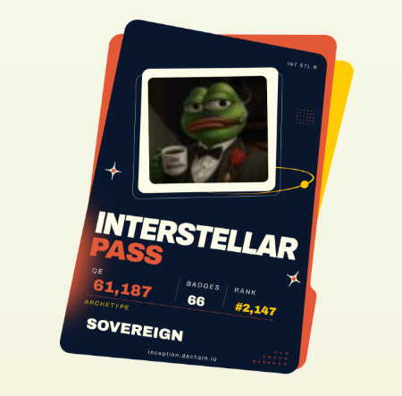 An "INTERSTELLAR PASS" NFT card featuring Pepe the Frog in a tuxedo, with QE 61,187, 66 badges, rank #2,147, and archetype SOVEREIGN.