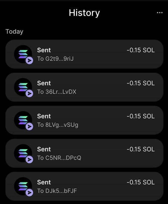 A dark-themed "History" screen shows five recent SOL transactions from "Today," each showing "Sent" amounts of -0.15 SOL to abbreviated addresses (G2t9...9riJ, 36Lr...LvDX, 8LVg...vSUg, C5NR...DPcQ, and DJk5...bFJF), suggesting the account holder distributed small SOL payments—likely as payouts to winners in a promotion tied to the @chadzcabal Telegram group mentioned in the caption.