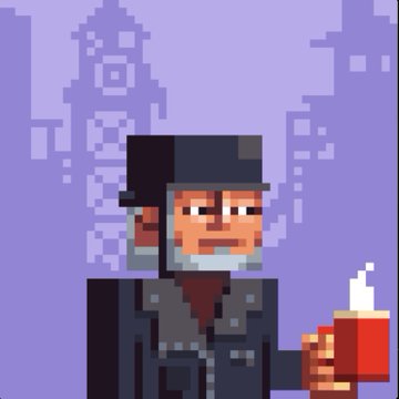 A pixel art illustration of a man in a top hat and suit holding a red cup, with a purple city skyline silhouette in the background.