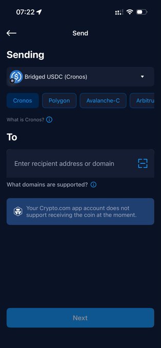 A Crypto.com app screen showing a 'Send' interface for Bridged USDC (Cronos), with options for Cronos, Polygon, Avalanche-C, and Arbitrum networks, indicating that the account does not support receiving the coin.