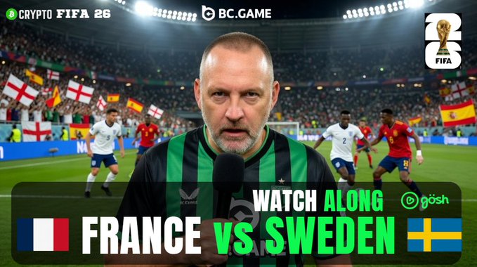 A promotional graphic for a 'Crypto FIFA 26 Watch Along' match between France vs Sweden, featuring a commentator with a microphone in front of a stadium background.