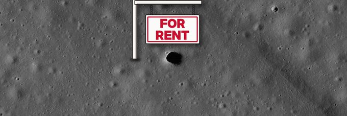 A "FOR RENT" sign mounted on a post in a gray, cratered landscape resembling the moon's surface, fitting the lunar property theme of the $PITHOUSE Solana token.
