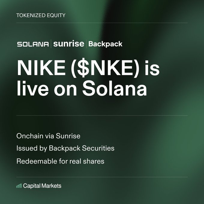 A promotional graphic announcing 'NIKE ($NKE) is live on Solana' with text noting it is 'TOKENIZED EQUITY' via 'SOLANA | sunrise | Backpack' and 'Capital Markets'.