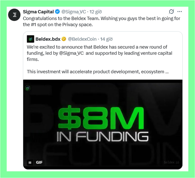 A tweet from Sigma Capital (@Sigma_VC) congratulating Beldex (@BeldexCoin) on securing $8M in new funding led by Sigma VC.