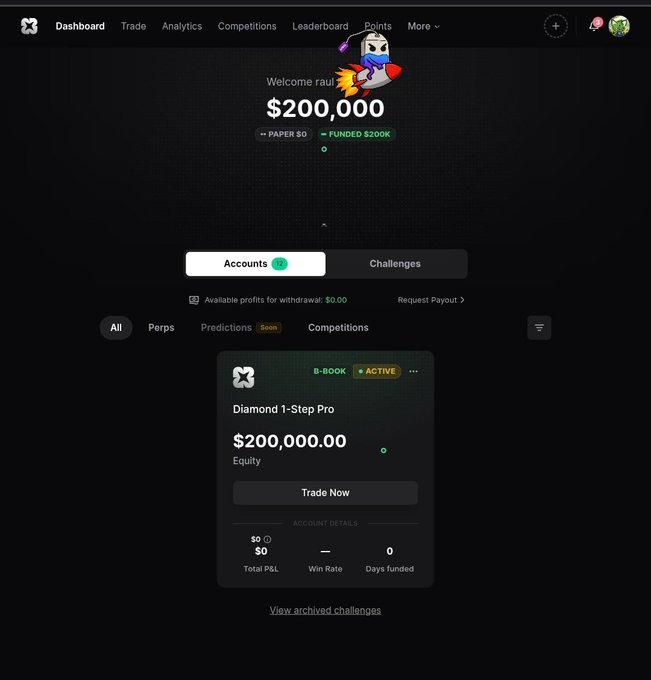 A screenshot of a funded trading dashboard showing a $200,000 "Diamond 1-Step Pro" account marked as "FUNDED $200K" and "ACTIVE," with the user credited as "raul," supporting the post's claim of passing the new $200K Propr challenge.