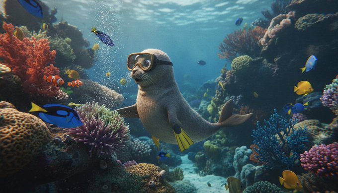 A digital illustration of a seal wearing yellow snorkeling goggles and yellow flippers swimming underwater amid colorful coral reefs and tropical fish.