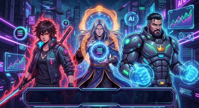A vibrant cyberpunk-style digital artwork showing three characters in futuristic attire, including one with glowing magic, set against a neon cityscape with floating 'AI' icons and charts.