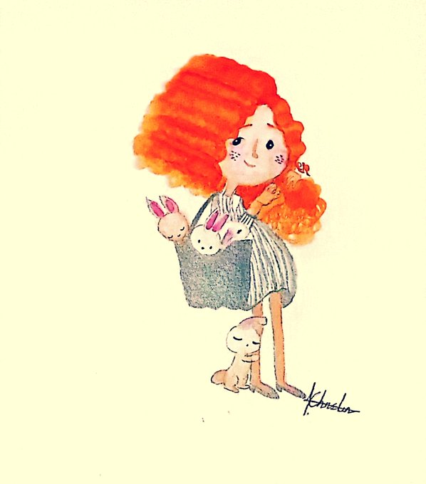 A watercolor illustration of a red-haired girl with freckles holding two small bunnies in a basket, with a cat resting near her feet, signed by the artist.
