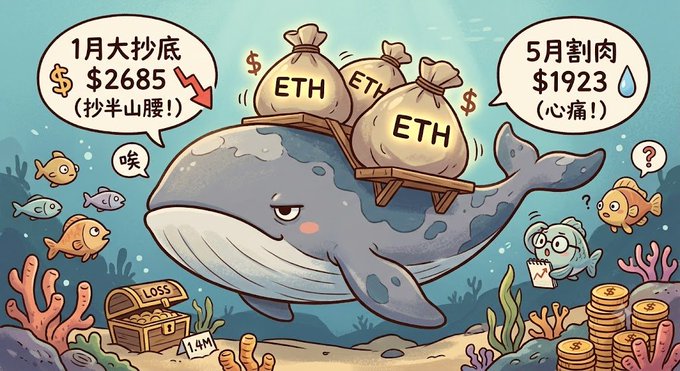A cartoon whale carries sacks of ETH (Ethereum) in an underwater scene, with speech bubbles reading "1月大抄底 $2685 (抄半山腰!)" (January bottom-fishing at $2685 — caught the halfway mountain!) and "5月割肉 $1923 (心痛!)" (May forced selling at $1923 — heartache!), alongside a "LOSS" treasure chest marked "-1.4M" and a worried fish holding charts, illustrating a crypto whale's painful $1.4M loss from buying ETH near the top instead of the bottom.