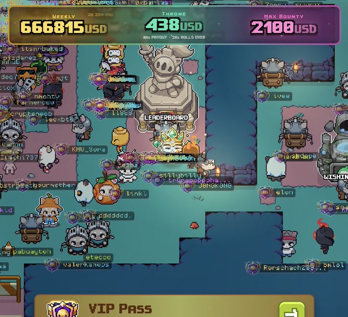 Screenshot of a multiplayer pixel-art game showing numerous character avatars clustered around a leaderboard throne statue, with stats displaying 'WEEKLY 666815 USD,' 'THRONE 438 USD,' and 'MAX BOUNTY 2100 USD.'