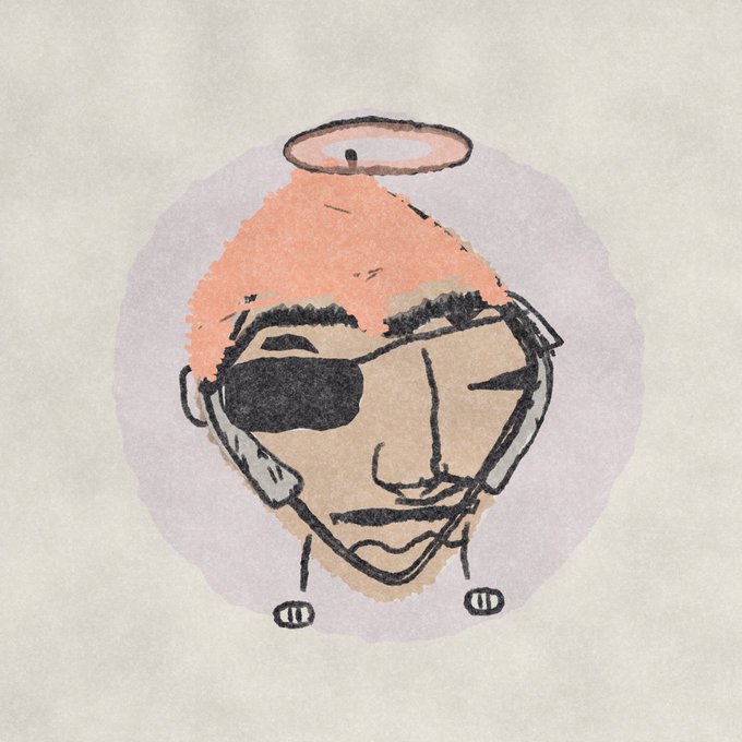 A hand-drawn sketch depicts a character with peach-colored hair, an eyepatch, and a stethoscope, topped with a halo.