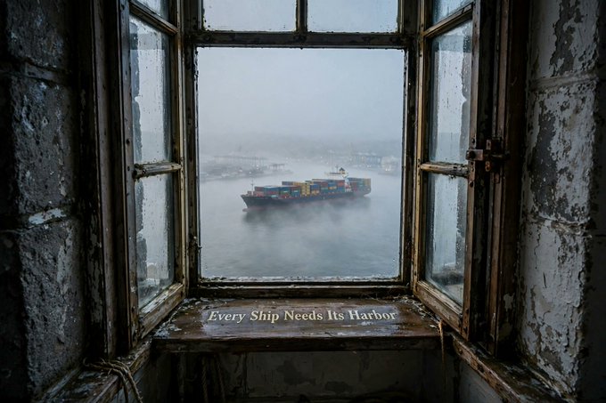 A view through a rusty, weathered window looking out at a foggy harbor where a container ship is anchored, with the text "Every Ship Needs Its Harbor" on the sill.