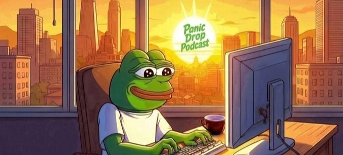 An illustration of the Pepe the Frog character sitting at a computer with a 'Panic Drop Podcast' logo displayed on the screen against a sunset cityscape.