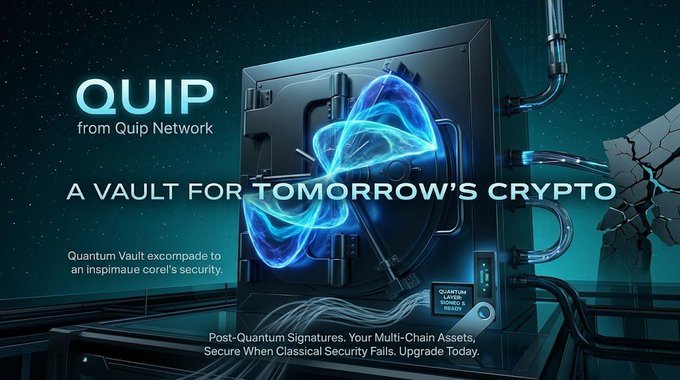 The image features a black vault with blue lights, which appears to be a part of an advertisement or promotional material related to Quip from Quip Network. The vault is described as a vault for tomorrow's crypto, suggesting that it is designed to store digital assets securely and efficiently. The image also includes text that reads "A vault for tomorrow's crypto" and "Proof of useful work Hybrid compute systems @quipnetwork is accelerating that transformation." This implies that the vault is part of a larger network or system that supports the development of new cryptocurrencies, such as Bitcoin, by providing secure storage solutions for digital assets.