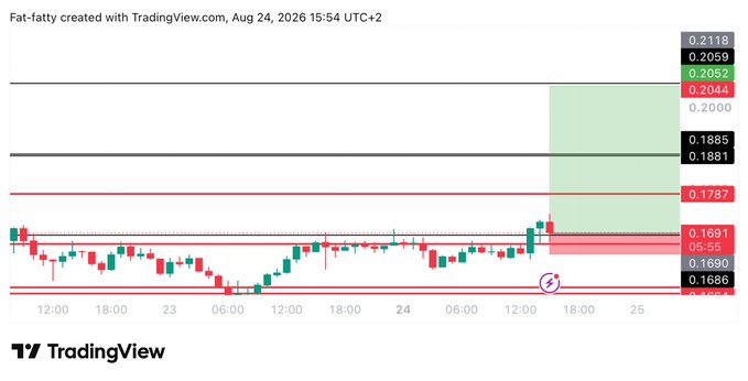 A TradingView chart titled "Fat-fatty" displays the $FET (Fetch.ai) trading pair with a long trade setup, showing a recent breakout above resistance at 0.1691 toward a target zone between 0.1881 and 0.2052, consistent with the post's entry at 0.169 and target at 0.205. The green shaded region indicates the projected profit area between current price action and the target, while red zones near 0.1691 and 0.1686 highlight the entry and stop-loss levels at 0.1635.