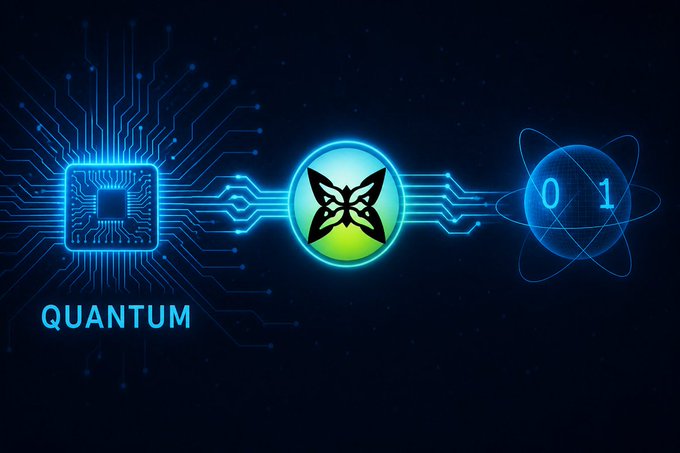 A digital graphic displaying "QUANTUM" branding with a butterfly icon between a blue microchip and a blue atom illustration containing binary "0" and "1" digits.