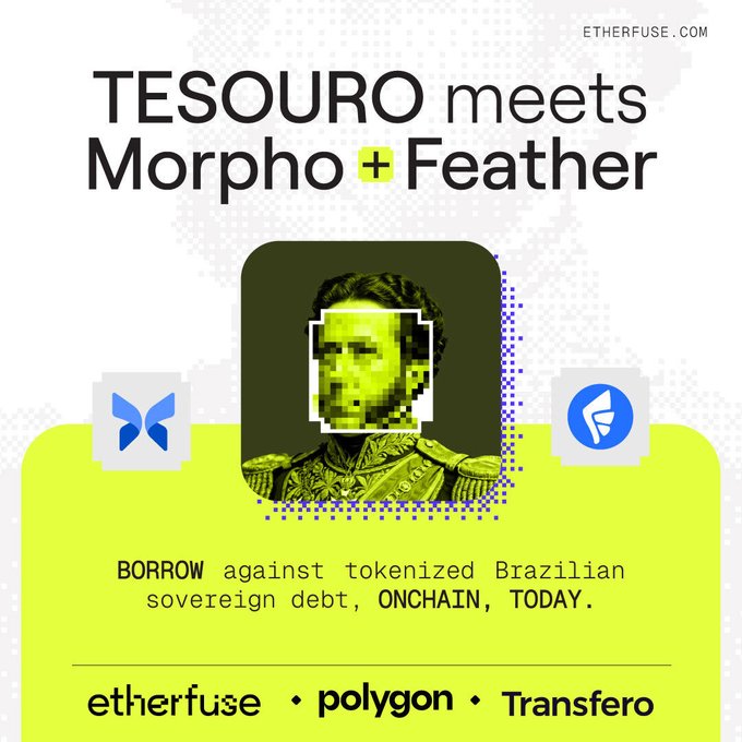 A promotional graphic from etherfuse.com reading 'TESOURO meets Morpho + Feather', featuring a pixelated green-tinted portrait and the text 'BORROW against tokenized Brazilian sovereign debt, ONCHAIN, TODAY.' along with logos for etherfuse, polygon, and Transfero.