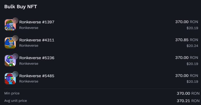 A 'Bulk Buy NFT' interface displaying four Ronkeverse NFT listings (#1397, #4311, #5236, #5485) each priced at approximately 370 RON (~$20.19-20.24), with min price and average unit price both around 370 RON.