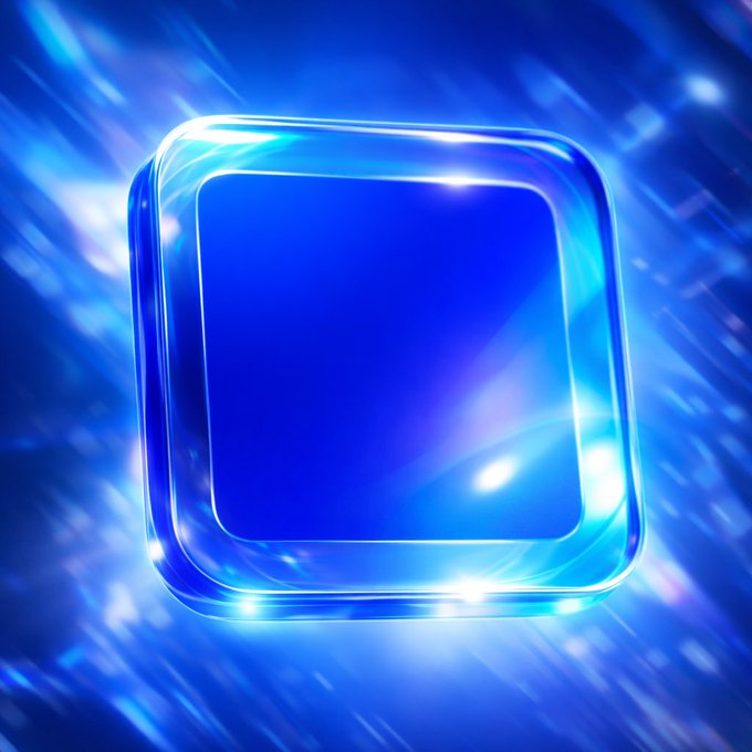 The image features a square, blue-tinted glass object floating in space against a dark background. The object has a blank or empty area at its center, which could be interpreted as a "focus on accessibility" message from @base. The use of a unique color and shape for the app's icon makes it stand out visually, drawing attention to the idea that Base is an accessible and user-friendly platform for anyone interested in Web3 technology.