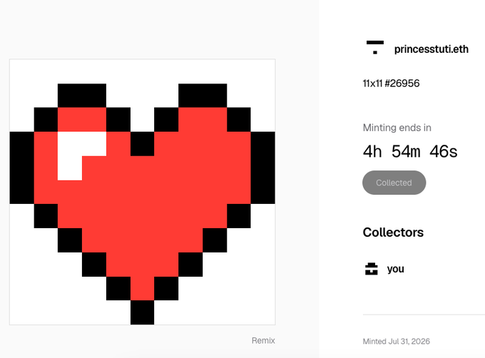 A digital art marketplace listing shows a pixelated red heart NFT titled '11x11 #26956' on 'princesstuti.eth', with a countdown timer and 'Collected' status.