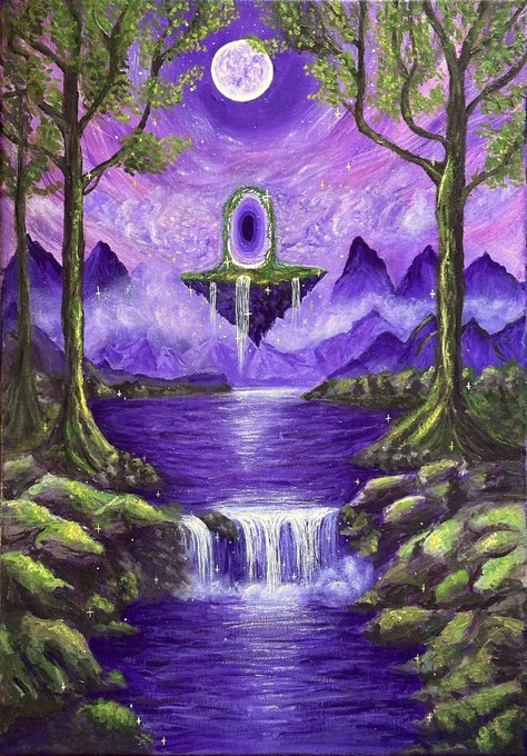 A mystical purple-hued landscape painting features a floating island with a glowing portal beneath a full moon, framed by towering trees and a cascading waterfall. The ethereal, one-of-a-kind artwork evokes a sense of magic and wonder, fitting the artist's caption about waiting for its single collector to discover this unique piece.