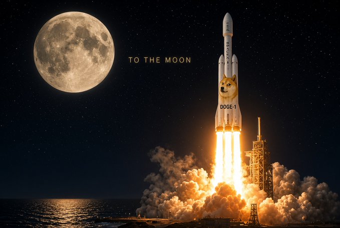 A SpaceX Falcon 9 rocket emblazoned with the Shiba Inu "Doge" face and labeled "DOGE-1" launches toward a glowing full moon under the caption "TO THE MOON," visually representing the long-awaited Dogecoin-funded Doge-1 lunar satellite mission finally reaching liftoff.