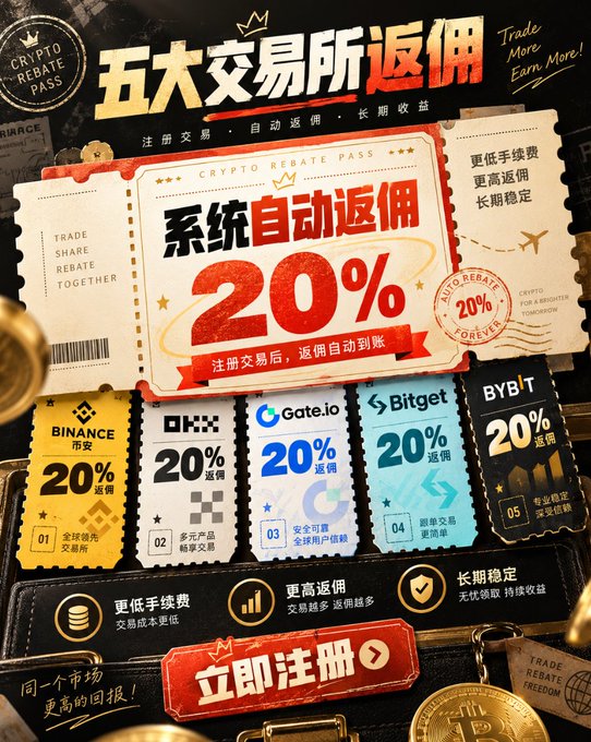 A promotional advertisement for a 'CRYPTO REBATE PASS' featuring a 20% automatic rebate from five major crypto exchanges: Binance, OKX, Gate.io, Bitget, and BYBIT, with the Chinese text '五大交易所返佣' (Five Major Exchanges Rebate).