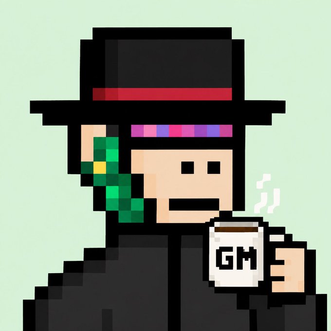 A pixel art illustration of a figure wearing a black hat and jacket, holding a coffee mug labeled 'GM' with a green pixelated bird on their shoulder.
