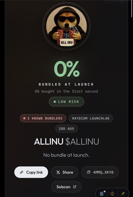 A cryptocurrency token page for 'ALLINU' showing 0% bundled at launch, low risk indicator, 3 known bundlers via Raydium LaunchLab, posted 20d ago.