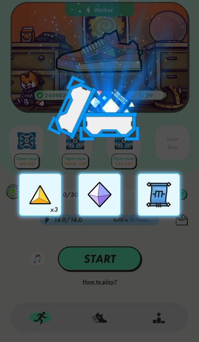 A mobile game screen displays a shoe item at the top with a blue animated loot box icon in the center, showing resources like a yellow triangle (x3) and a purple diamond below a 'START' button.