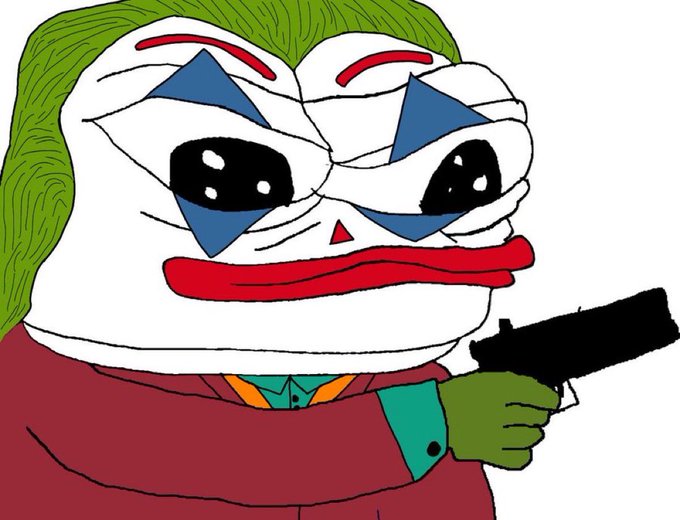 A Pepe the Frog cartoon character drawn with clown-like makeup and a green wig, holding a black handgun.