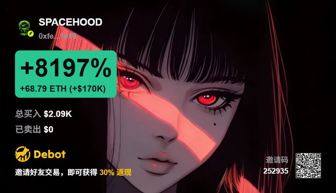 Crypto trading advertisement featuring an anime-style character with red eyes, promoting address '0xfe...1016' under 'SPACEHOOD' with '+8197% (+68.79 ETH, +$170K)' returns, total buys of $2.09K, and a Debot referral code 252935.
