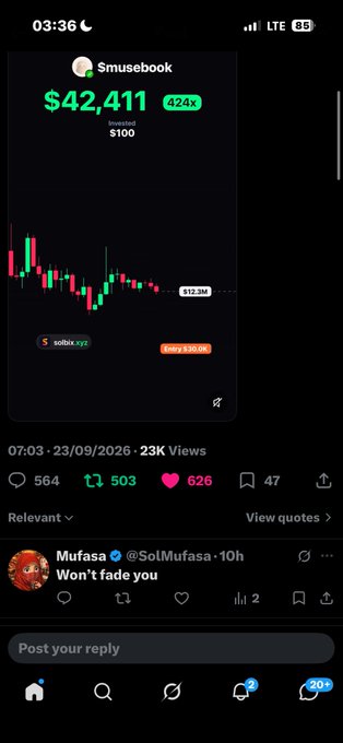 A social media post showing a trading chart with a gain of '$42,411' (424x) on the ticker '$musebook', invested from $100.