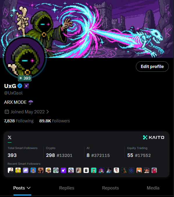 A social media profile page for 'UxG' (@UxGsol) features pixel art of a hooded figure casting a spell on a skeleton, displaying '7,828 Following' and '89.8K Followers'.