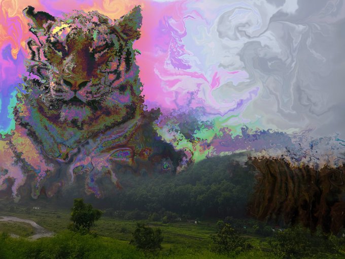 A digitally distorted image of a tiger, where the upper portion of the sky and tiger's face is warped with iridescent rainbow colors, contrasting with a realistic green landscape below.