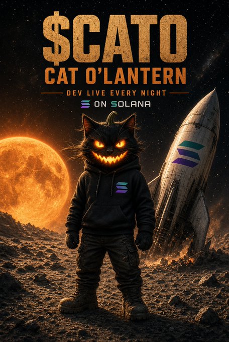 A promotional poster featuring a black cat in a hoodie with glowing jack-o'-lantern eyes standing on a lunar surface, with text reading '$CATO CAT O'LANTERN DEV LIVE EVERY NIGHT ON SOLANA'.